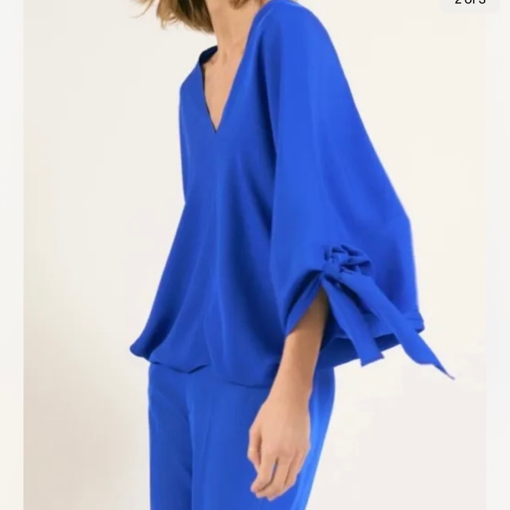 ZARA SS22 Flowing Blouse Top With Ties  Blue